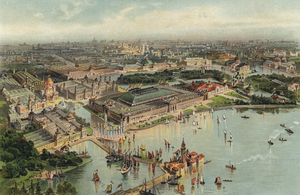 Vista de la Exposición Mundial Colombina celebrada en Chicago en 1893, con grandes edificios de estilo clásico junto a un canal.