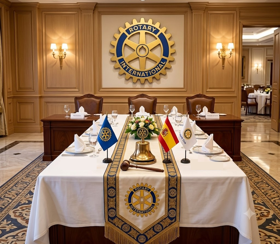 Vista de la mesa cabecera montada, con la campana,  el mazo , el pabellón de mesa y la rueda rotaria al fondo.