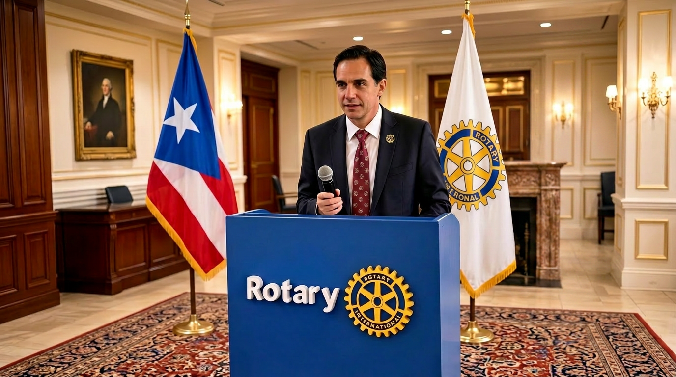 Una reunión rotaria en desarrollo, con el orador de pie en el atril y las banderas al fondo.